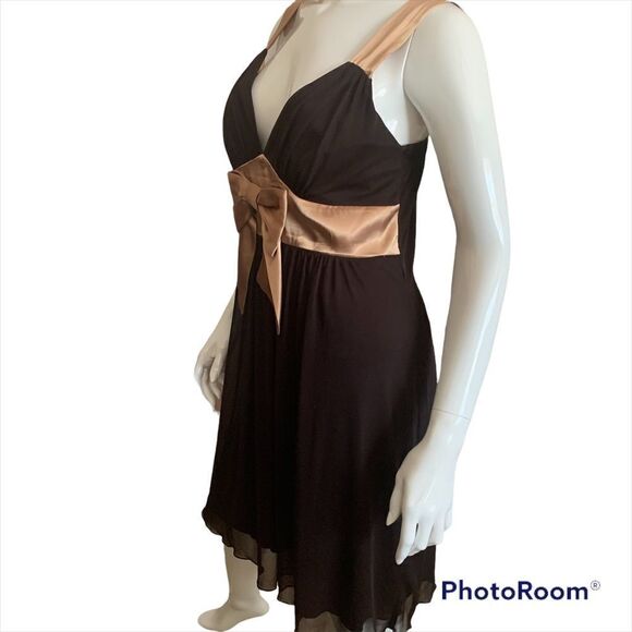 Enfocus Studio  Short Prom Dress Brown & Gold Large Bow Midi Size 14 - Picture 2 of 11